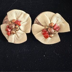 Vintage Leather & Bead Clip-On Earrings – Beige & Red Tones